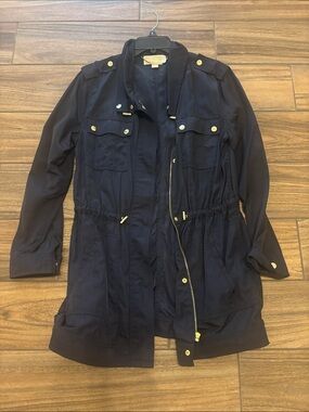 Michael Kors Navy Utility Rain Jacket with Drawstring Waist and Gold Accents